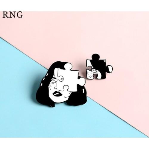 Black and white womens head without eyes freckles stitching figure repair face creative matching module cartoon Metal Lapel Pin