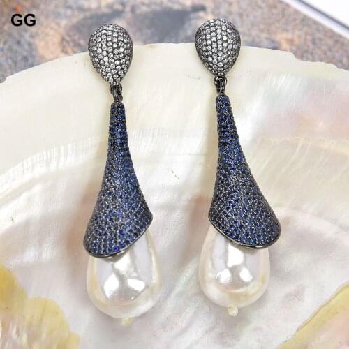 GuaiGuai Jewelry 16x25MM White Sea Shell Pearl Colbalt CZ Pave Gunmetal Stud Earrings