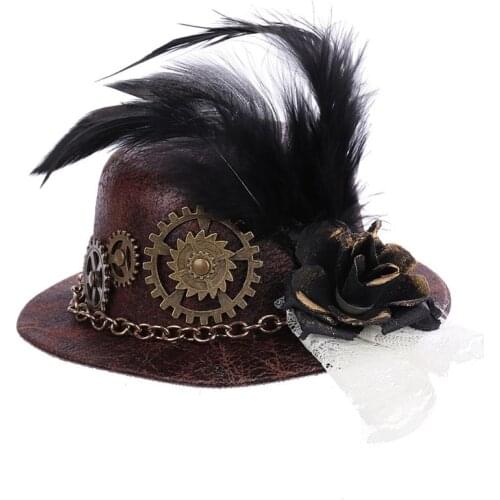 Halloween Gothic Mini Top Hat Steampunk Gears Chain Feather Cosplay Hair Clip