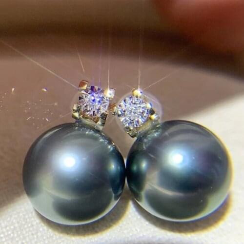 HENGSHENG 10-11mm Tahiti Natural-Ocean Round Black Pearls Stud Earrings,Genuine 18K Gold Earrings For Women Classic Fine Jewelry