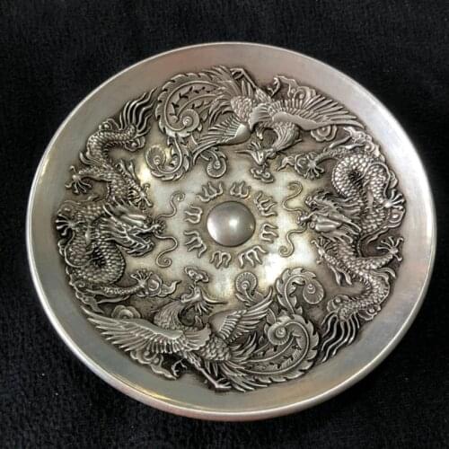 Exquisite Chinese Tibetan Silver Round Double Dragon Phoenix Auspicious Statue Plate Home Decoration Metal Craft Gift