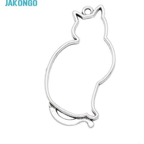 JAKONGO Antique Silver Plated Hollow Cat Charms fit Necklace Pendants for DIY Handmade Jewelry Making 52*27mm 5pcs/lot