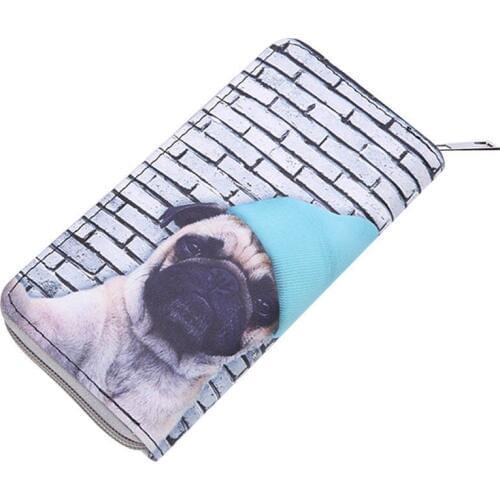 KANDRA New Lovely Cartoon Dog Cat Print Women Purse Bag PU Leather Fashion Clutch Wallets Women Long Design Zipper Car Holder