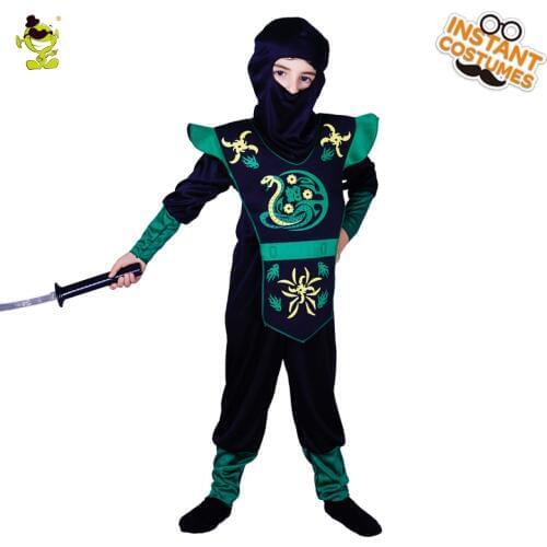 Kids Black Hooded Ninja Costume with Green Snake Printed Outfits Cosplay Fancy Dress Up for Halloween Party for Boys