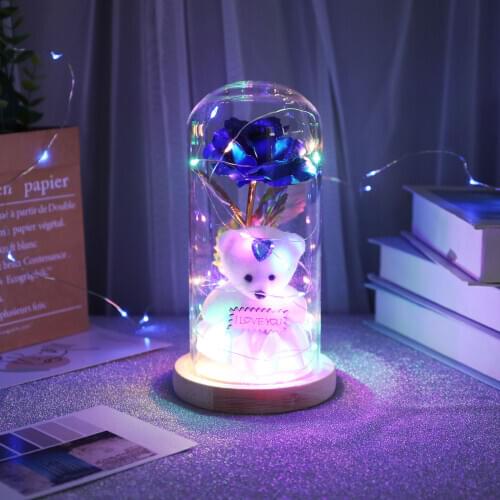 Cartoon Bear Artificial Flower Rose With Glass Cover Dome Decorative Light Gift for Friends Family Mother Valentines Day