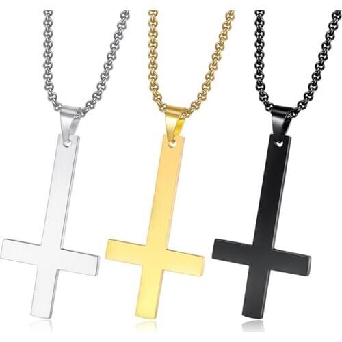 Fashion Stainless Steel Inverted Cross Gold Silver Color Necklace for Women Men Pendant Necklaces Jewelry