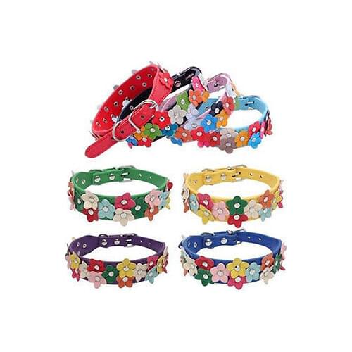 Fashion Leather Puppy Pet Dog Collar Cat Neck Strap Necklace with Studded Sweet Flower 5Colors