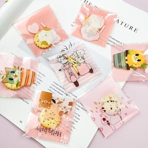 100pcs Cartoon Self-adhesive Bags Baking Packaging ziplock Bag Cookie Snack Candy Bag 7*7+3cm