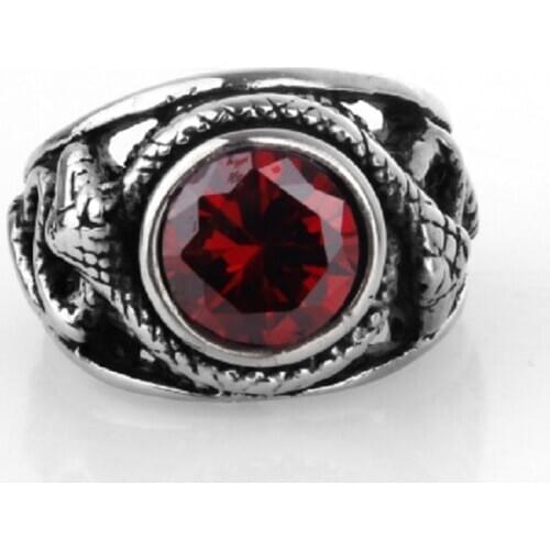Deep Red Cz Crystal Gem Snake Fashion Mens 316L Stainless Steel Biker Ring Mens Jewelry