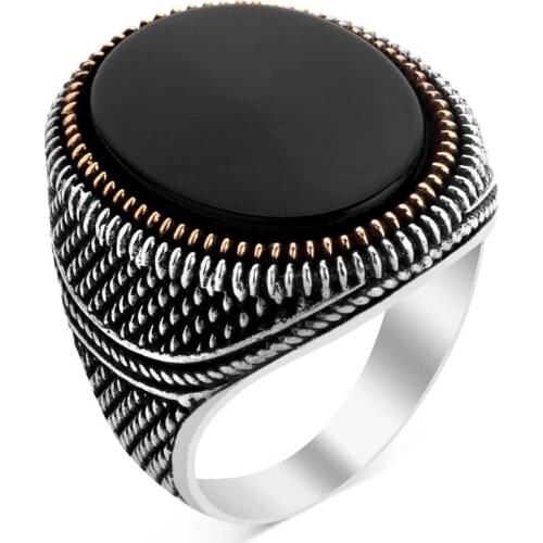Mens Ring with Oval Black Onyx Stone Sterling Silver Ring for Men Plain Black Ring