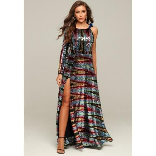 New Arrival One Sleeve Colorful Sequins Dress Fashion Ankle Length Long Celebrity Bodycon Dress Vintage Vestios