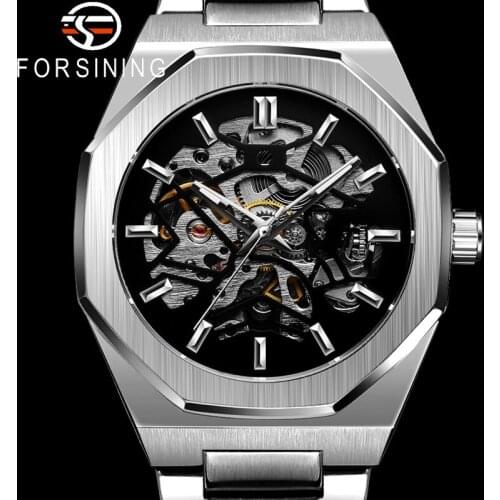 FORSINING New Automatic Mechanical Men Wristwatch Military Army Sport Male Clock Top Brand Luxury Silver Skeleton Man Watch 8198