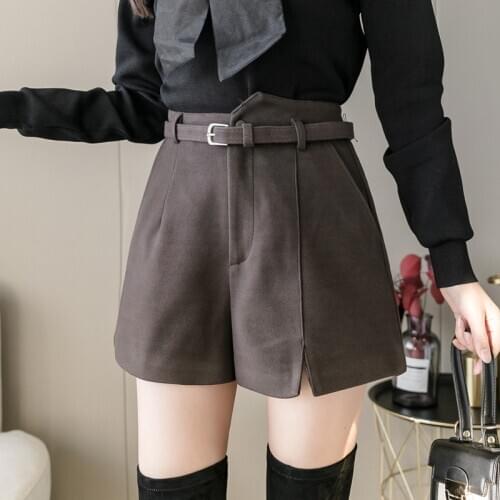 Autumn Winter Suit Short Pants Women 2020 New Belted Irregular High Waist Wide Leg Womens Woolen Shorts Casual Slit Shorts Women