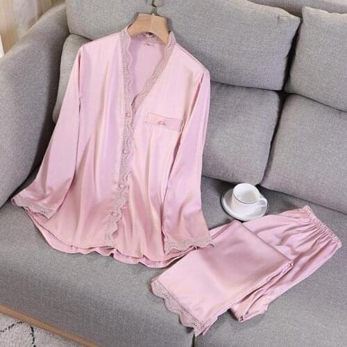 V-Neck Sleepwear Sleep Suit Spring Womens Lace Long Sleeve Pajamas Sets Casual Satin 2PCS Pijamas Lounge Nightwear Home Wear