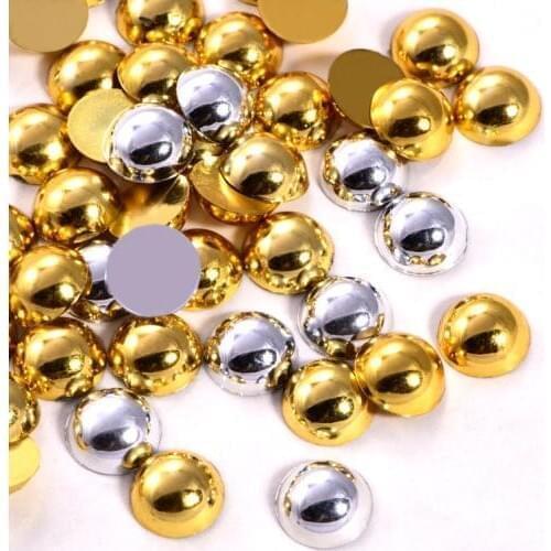 6 Sizes Mine Gold Mine Silver Half Round Pearls Flatback ABS Glue On Beads Gold Color for DIY Craft Garments Decoration B1321