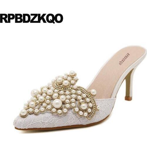 Sandals 2017 Pearl Stiletto Mules Slipper Crystal Shoes Women Lace Pointed Toe Pumps 3 Inch Cheap White High Heels Rhinestone