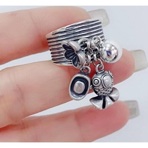 S925 sterling silver, vintage Thai silver, old and lively mens and womens rings, wide version of yuanbao, Fuyu tassel ring