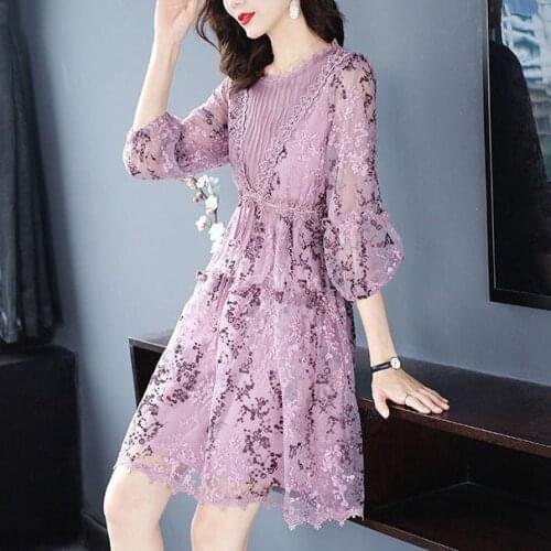 2020 Spring Summer Woman Embroidery 3/4 Lantern Sleeve High Waisted Dress , Womens Ladies Floral Loose Purple Mesh Dresses