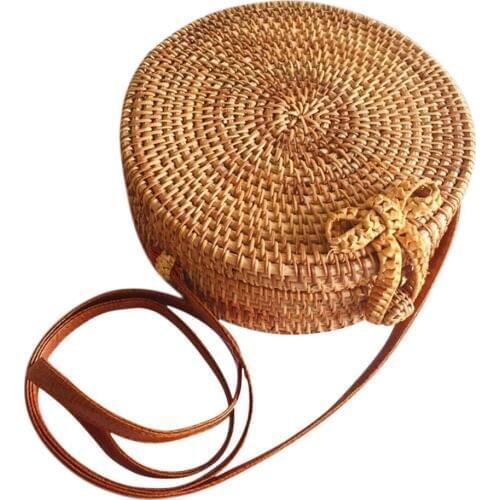 Bohemia Style Handmade Vintage Rattan Straw Woven Bag Round Bow Beach Picnic Bag Home Storage Bag for Women
