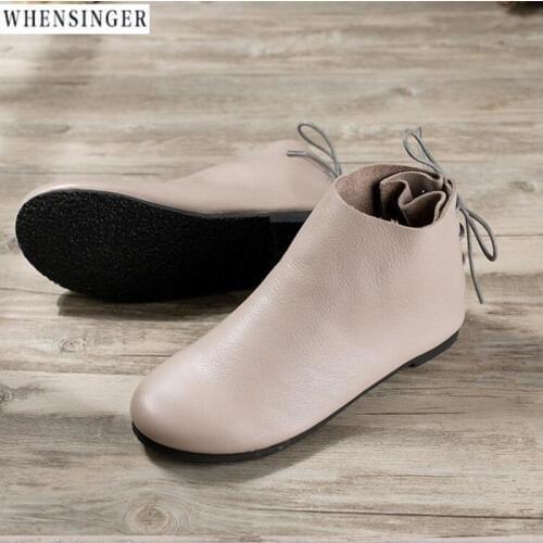 Whensinger - Women Flat Shoes loafers Genuine Leather Casual Tie Flats Shoe Vintage Elegant Fashion Driving shoes