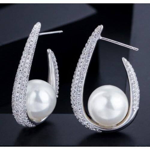 Zlxgirl jewelry Classic cubic zircon stud wedding earring jewelry luxury brand women imitation pearl bridal ears free shipping