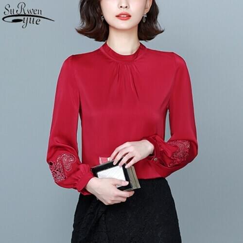 2021 Office Lady Satin Shirts Women Autumn Lantern Long Sleeve Hollow Blouse Women Solid Pullover Elegant Ladies Clothes 11088