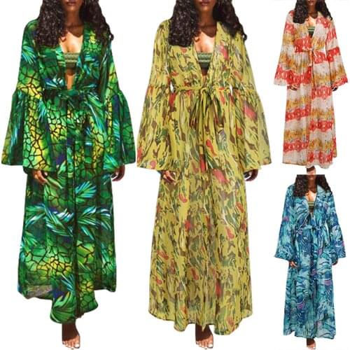 2021 Womens Long Swimsuit Cover Up Trendy Print Open Front Flowy Chiffon Kimono Beach Cardigan