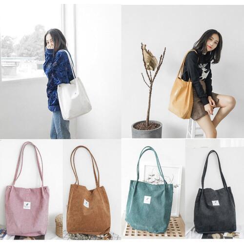 Women Fashion School Bags Corduroy Magnetic Button Shoulder Ladies Tote Bags