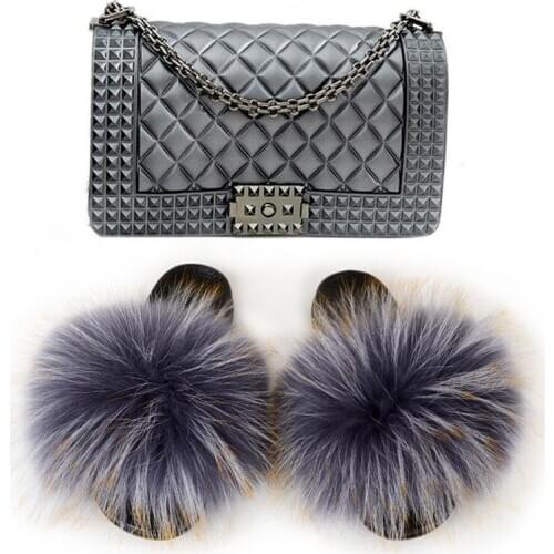 Women Fox Fur Slippers Ladies Fluffy Slides Outdoor Beach Flip Flops Female Matte Jelly Bag Luxury Chain Rivet Messenger Bag Set