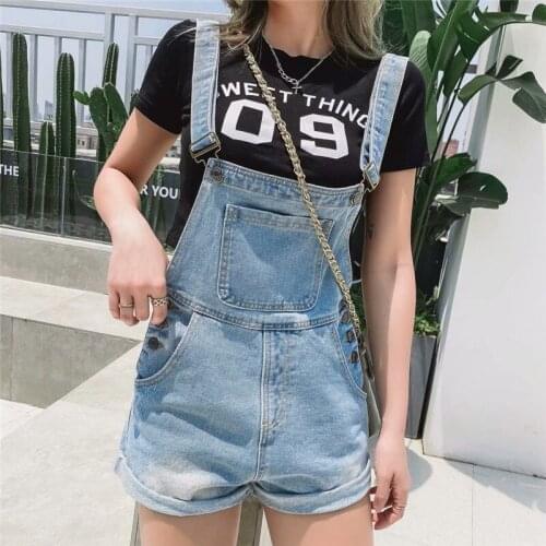2021 New Summer street loose casual strap denim shorts women, solid color was thin and versatile big pocket denim jumpsuit Ms