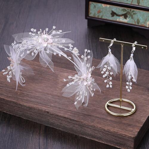 Women Girl Bridal Bride Wedding Party Sweet Romantic Handmade White Crystal Beads Yarn Lace Flower Headband Earring Jewelry Sets