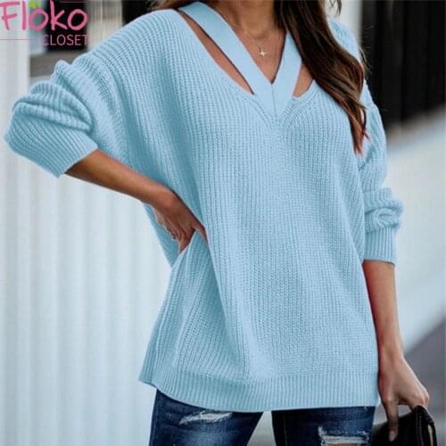 Flokoclosetcasual Solid V-Neck Hollow Out Knitted Sweater Autumn Winter Loose Long Sleeve Jumpers Streetwear Pullovers