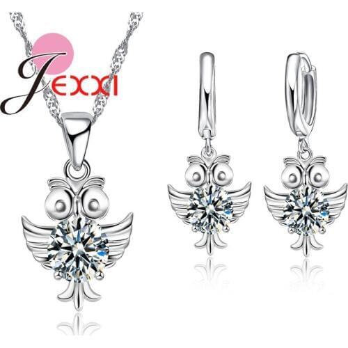 925 Sterling Silver Women Party Jewelry Set Cute Owl Animal Pendant Necklace Earrings Fast Shipping High Quality