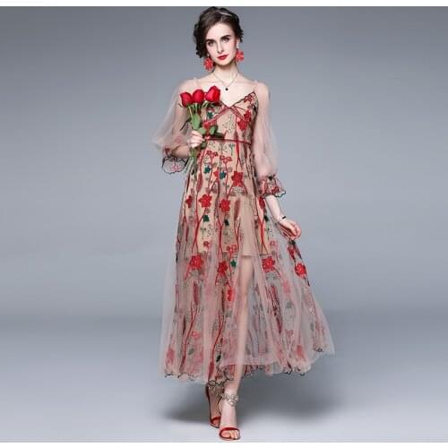 Women Luxury Embroidery Mesh Long Dress High Quality Elegant Wedding Party Robe Femme Designer Red Suspender Maxi Vestidos