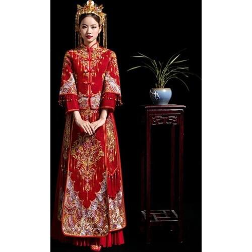 Chinese High-Quality Embroidery Phoenix Women Bride Wedding Dress Satin Vintage Cheongsam Oriental Classic Tang Suit Vestidos