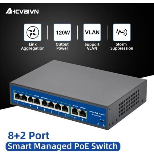 10Port POE Ethernet Switch 52V VLAN 10/100Mbps IEEE 802.3 Af/at Standard Network Switch for CCTV IP Camera Wireless AP 250M