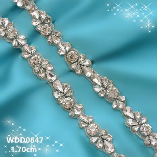 10 YARDS )Wholesale bridal hand beaded silver crystal rhinestone applique trim iron on for wedding dresses WDD0847