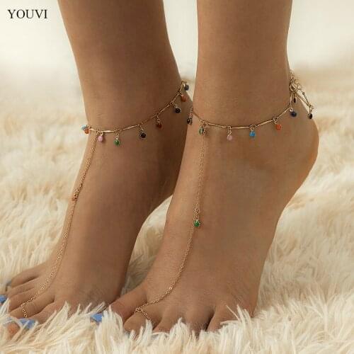 YOUVI Bohemia Color Glaze Anklet Chains Fashion Summery Toe Ring Anklets Bracelets Goth Barefoot Chains on Foot Ankle Jewelry