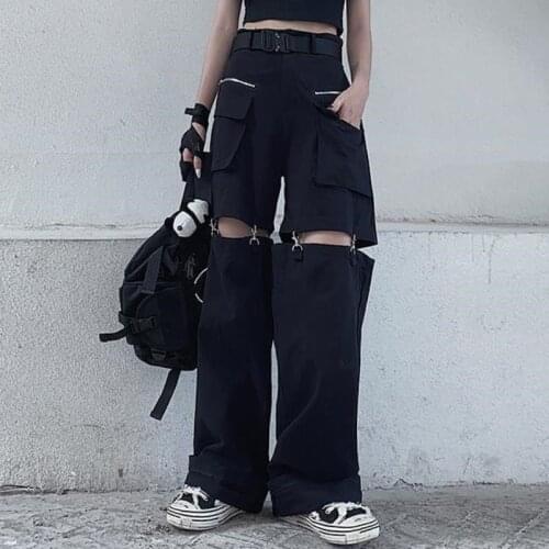 Hollow punk wide-leg gothic black overalls y2k womens street style wide-leg pants female hip-hop European and American trend