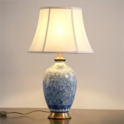 Modern Chinese Ceramic Table Lamp Light Blue And White Hand Painted Plums Porcelain Fabric Desk Light Foyer Bedside 67cm D74