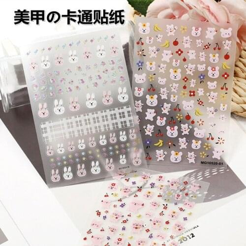 Fashion Hot Selling Carton Rabbits Lovely Cherry Flowers Nail Stickers Back Glue Adhesive Dry Nail Decals Waterproof Nail Art