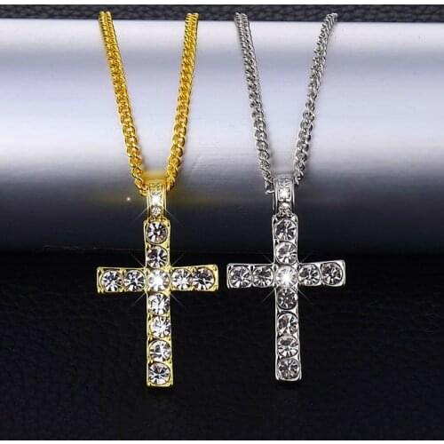 Hip Hop Iced Out Gold Color Cross Pendant Necklace Men Religious AAA Crystal Zircon Crucfix Mens Necklace Chain Rapper Jewelry