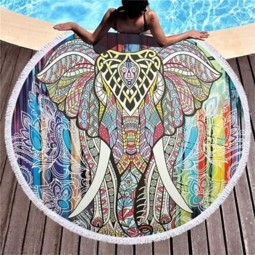 Elephant Printed Soft Microfiber Towel Beach Towels Adult Yoga Mat Tassel Animal Large Round Towel Cotton Tapestry Home Decor