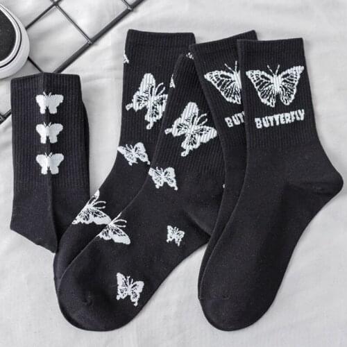 6 pairs Women Long Socks With Butterfly Middle-Tube Sock With Print Long Breathable Lady Girls Streetwear Harajuku Socks носки д