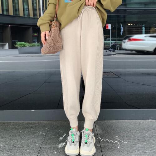 Autumn Knitted Pants Womens Wide Leg Tied Feet Long Woolen Underwear Trousers Loose High Waist Slimming Ankle-Tied Harem Pants