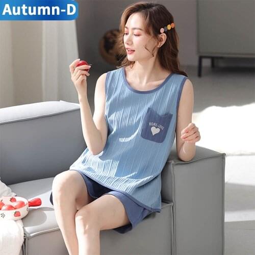 Summer Women Pajamas Suit Cotton Round Neck Sleepwear Sleeveless Shorts Set Comfortable Print Daily Leisure Clothes For Home