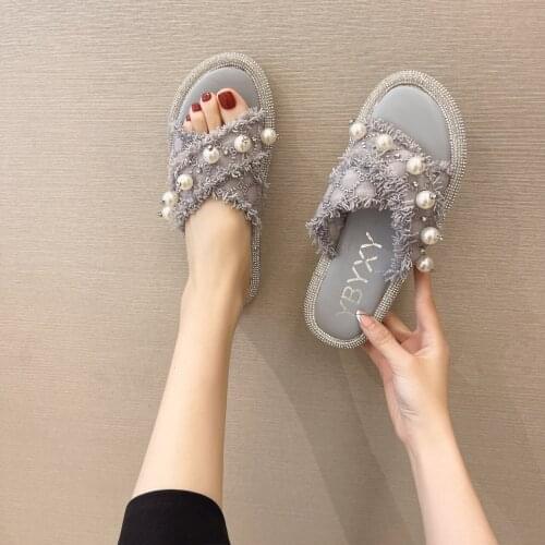 Casual Womens Sandals Pearl Flat Womens Slippers Flat Wedge Womens Beach Shoes Zapatillas Mujer Female Footwear