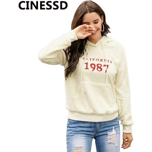 CINESSD Letter Embroidery Hooded Casual Sweatshirts Hoodies 2020 Women Gray Long Sleeves Drawstring Tops Plush Cashmere Hoodies