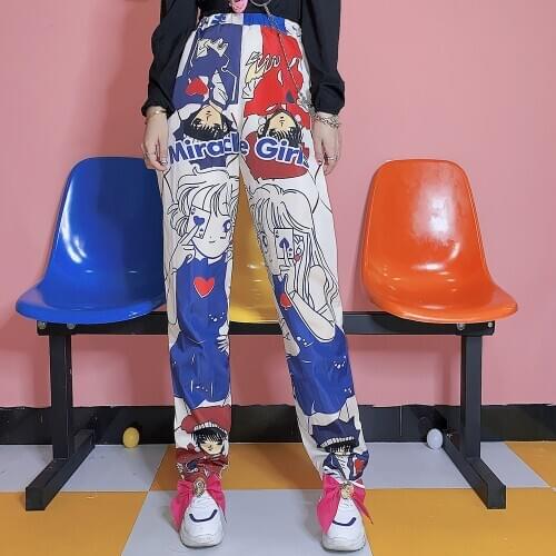Japanese yuansufeng steam wave cartoon printed local cool girl loose jumpy pants trousers pant