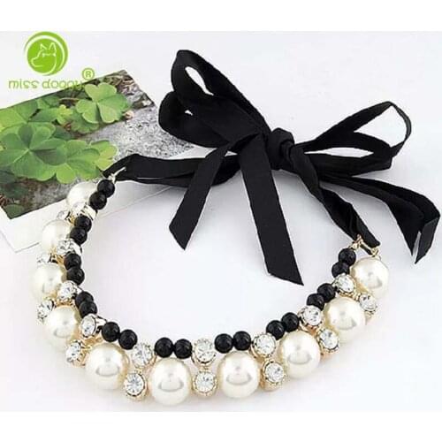 Fashion Pearl Decoration Puppy Dog Cat Collar Chain Ropes Bow Tie Ribbon Splice Novelty Pet Dog Cat Necklace Apparels 20E